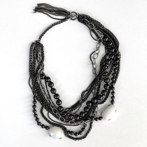 Multi Row Chain and White Jade Cabochon Statement Necklace